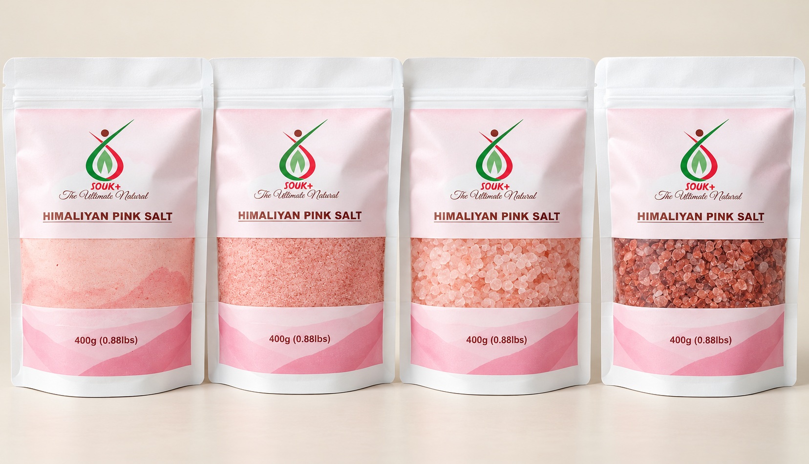 SOUK+ Himalayan Pink Salt 400 g retail collection with powder, fine and two coarse salt variants